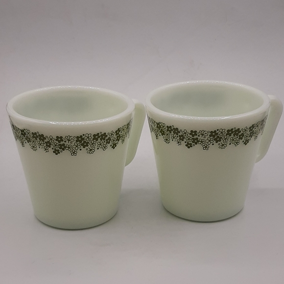 Vintage Pyrex Coffee Cup Mug Milk Glass Green Crazy Daisy Spring Blossom Pair - Picture 2 of 6